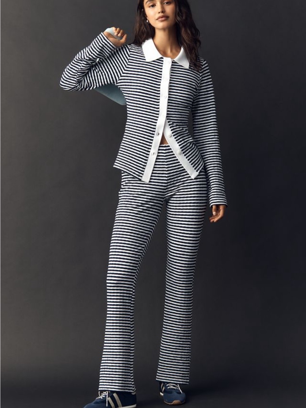 Anthropologie Navy & White Striped Button Cardigan